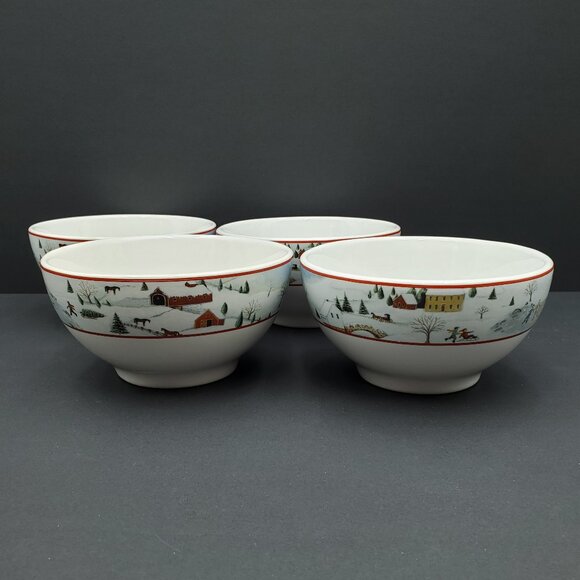 Sakura Christmas Valley Cereal Bowls David Carter Brown Holiday Soup Bowls - Picture 1 of 8
